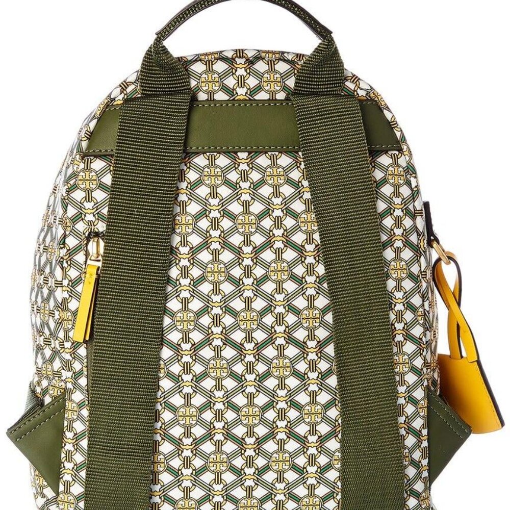 RARE Tory Burch Piper Bag Printed Backpack Green Gemini Link Satin Quilt Lined - Picture 2 of 5